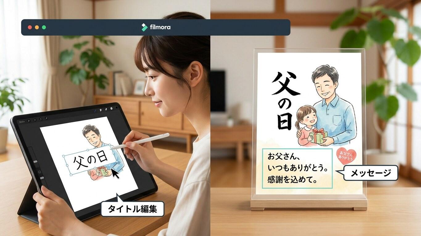 Filmoraで父の日イラストにタイトルや案内情報を入れるイメージ