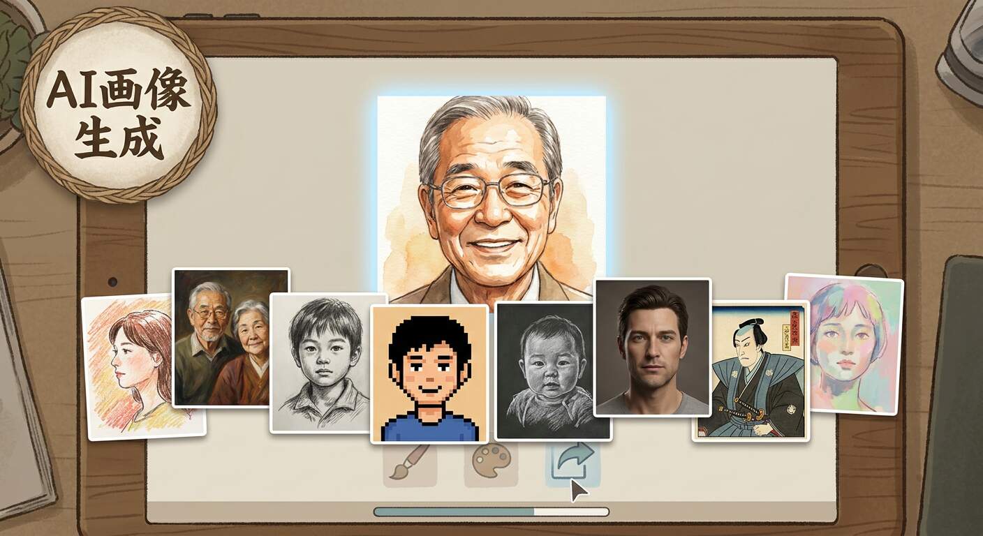 FilmoraのAI画像生成で父の日似顔絵を多スタイル展開するイメージ
