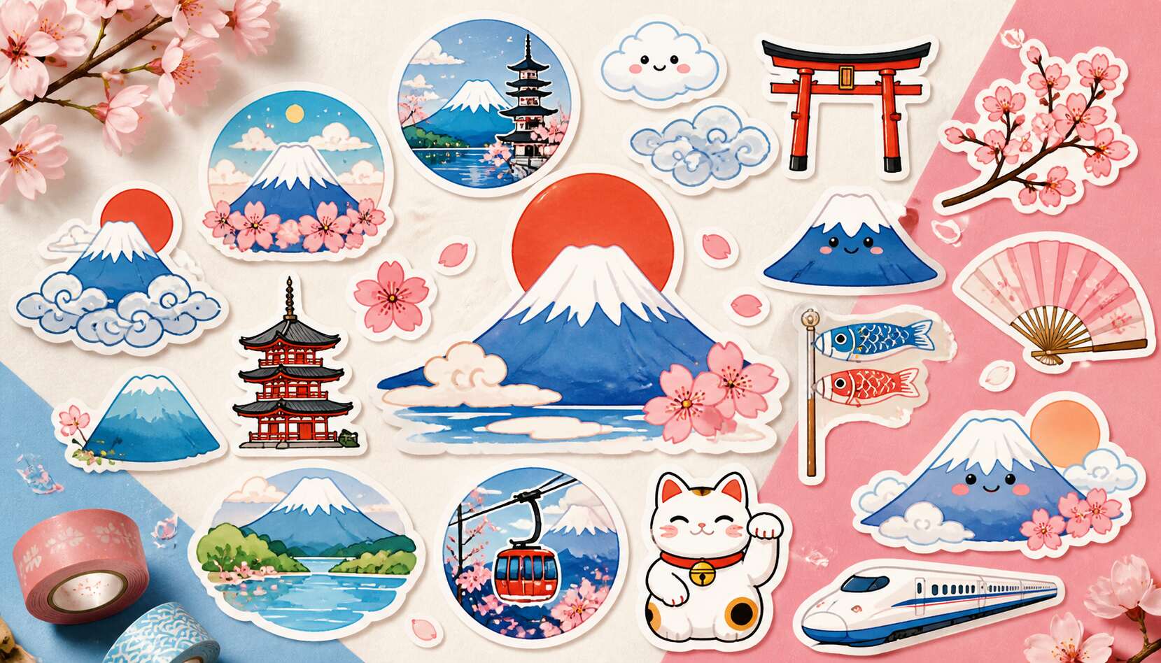 FilmoraのAIステッカーでかわいい富士山モチーフを作るイメージ