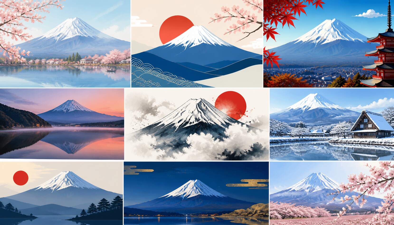 FilmoraのGPT Image 2で富士山イラストを用途別に生成するイメージ