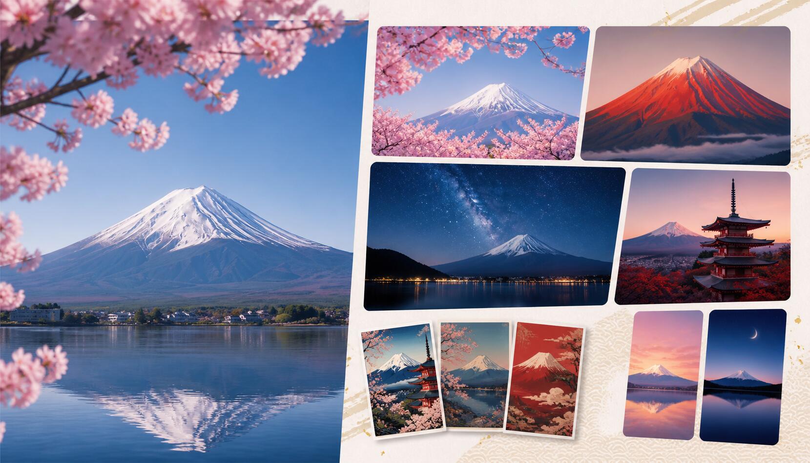 FilmoraのAI画像からプロンプト生成で富士山イラストの派生案を整理するイメージ