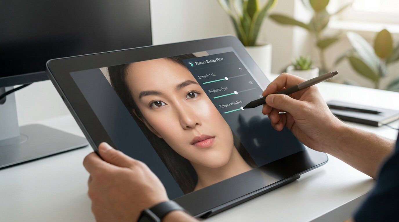 FilmoraのAIレタッチ美顔フィルターで顔診断画像を補正