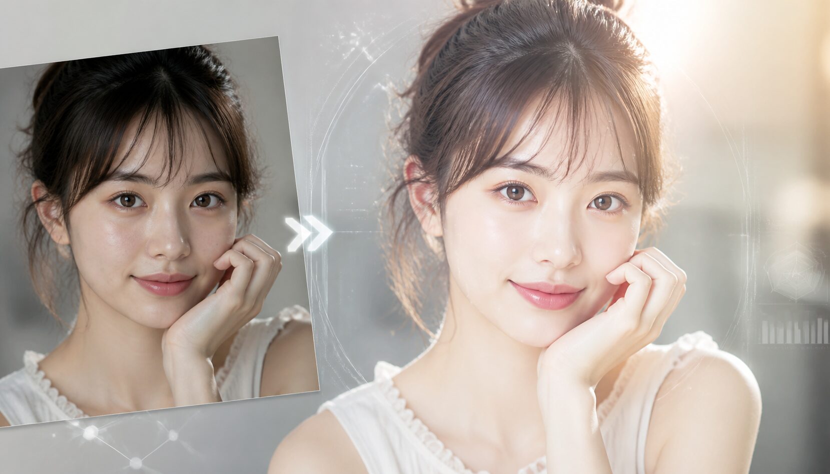 FilmoraのAIレタッチ美顔フィルターで盛れ顔を整えるイメージ