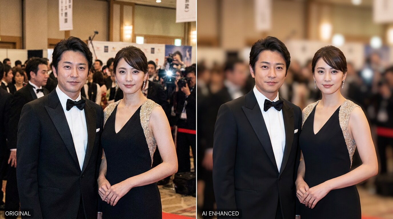 FilmoraのAIスマートカットアウトで芸能人ツーショット写真の合成感を整えるイメージ