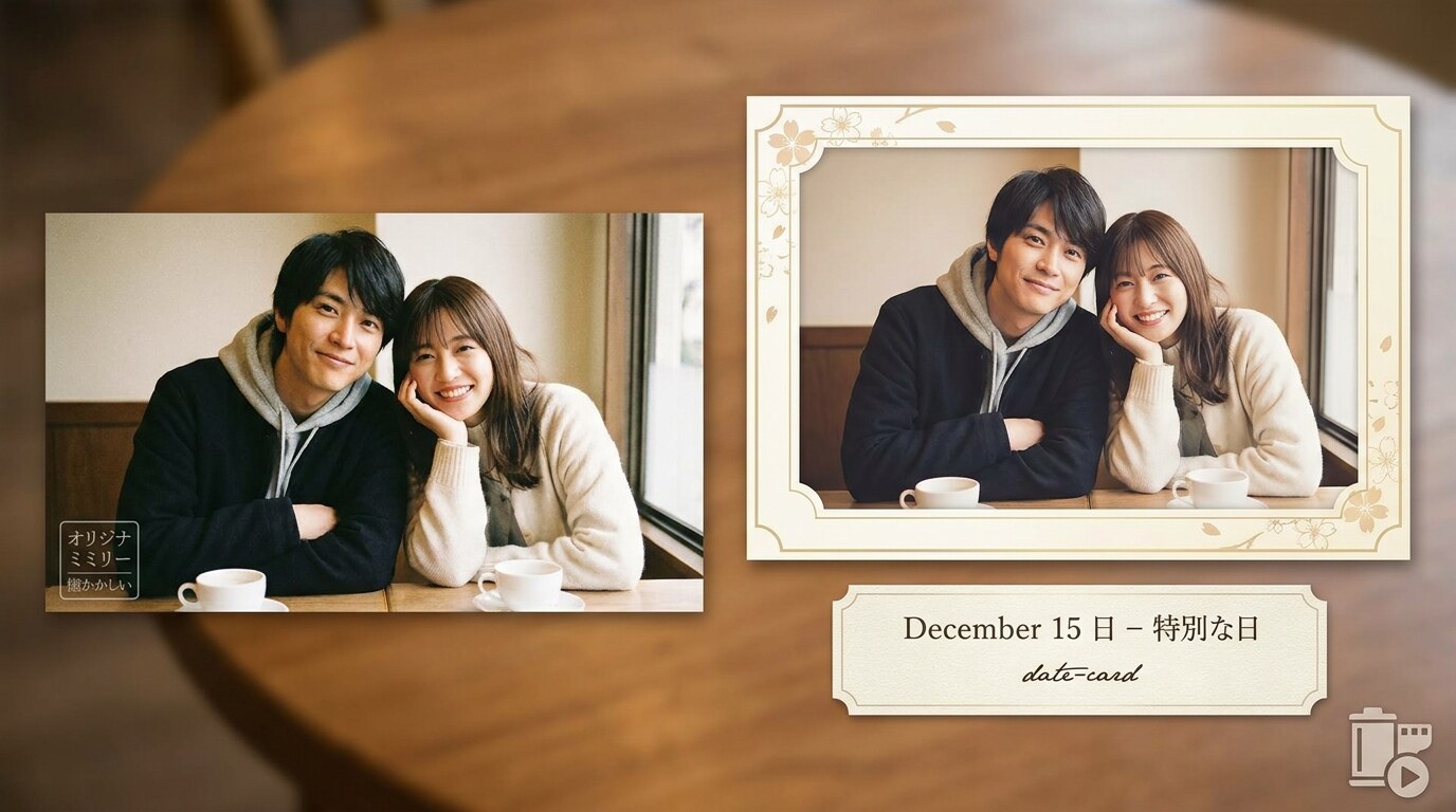 Filmoraのタイトル編集で芸能人ツーショット写真を投稿向けに仕上げるイメージ