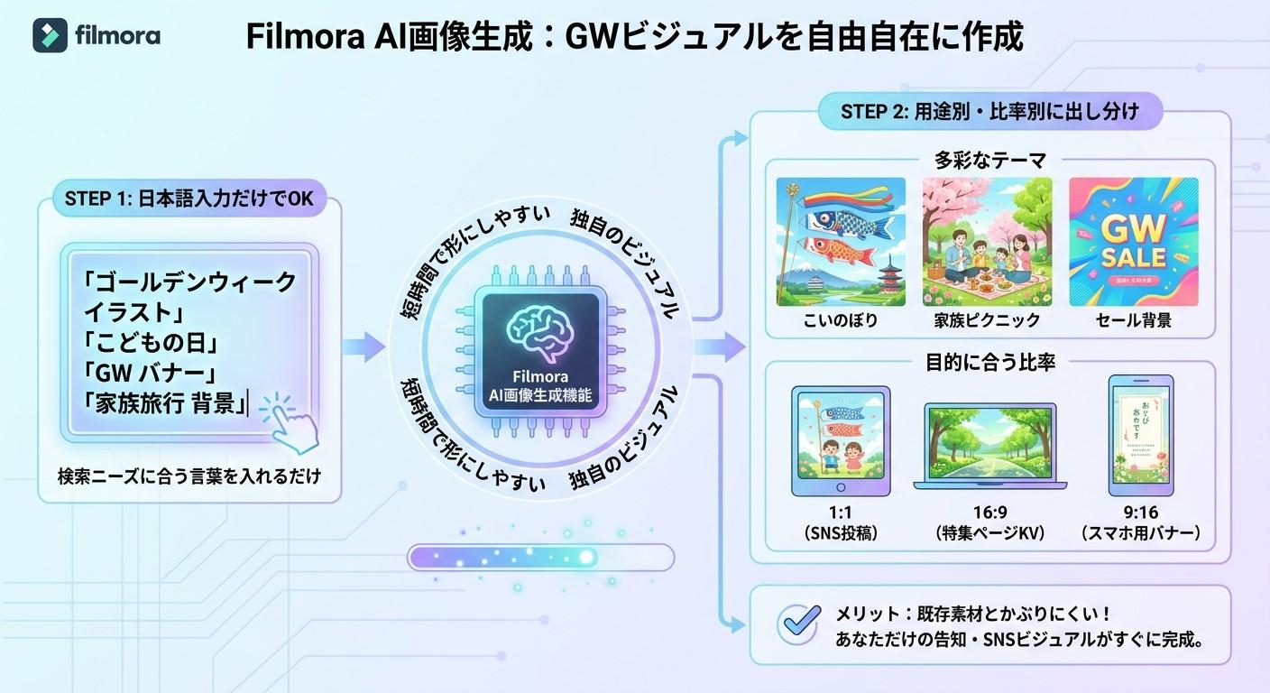 FilmoraのAI画像生成でゴールデンウィークイラストを作成