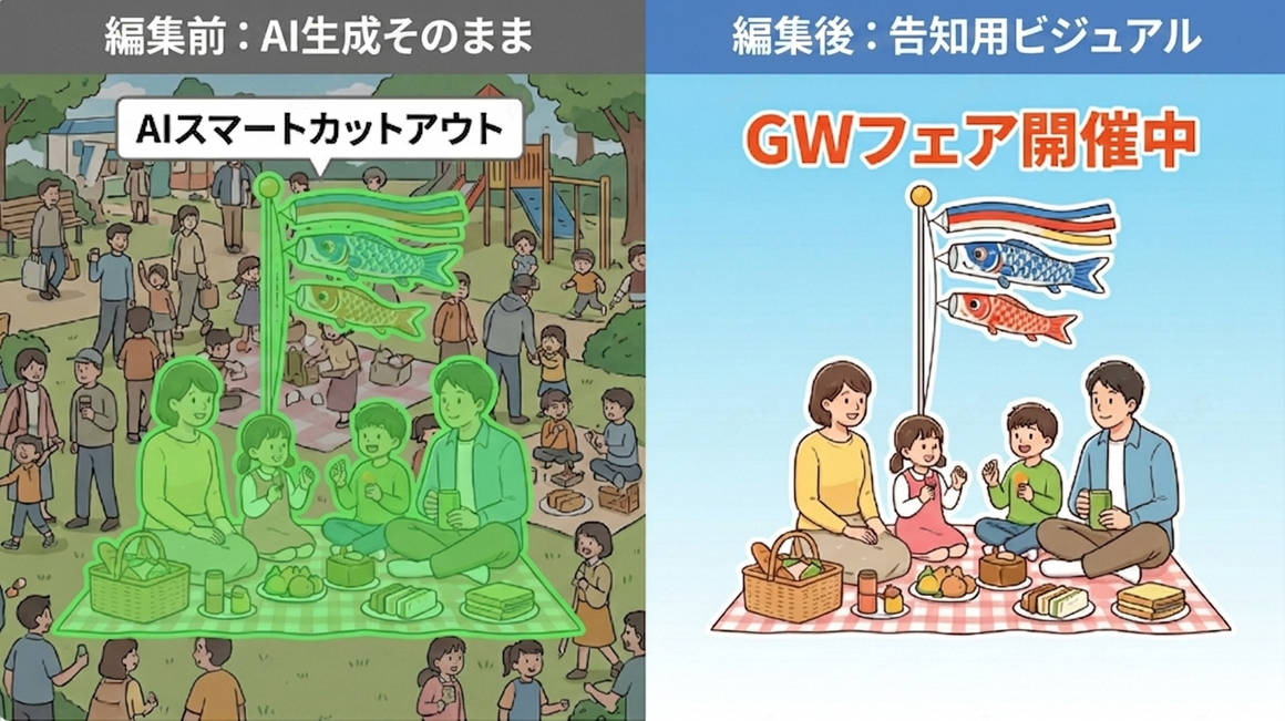 Filmoraでゴールデンウィークイラストの背景調整と切り抜き編集