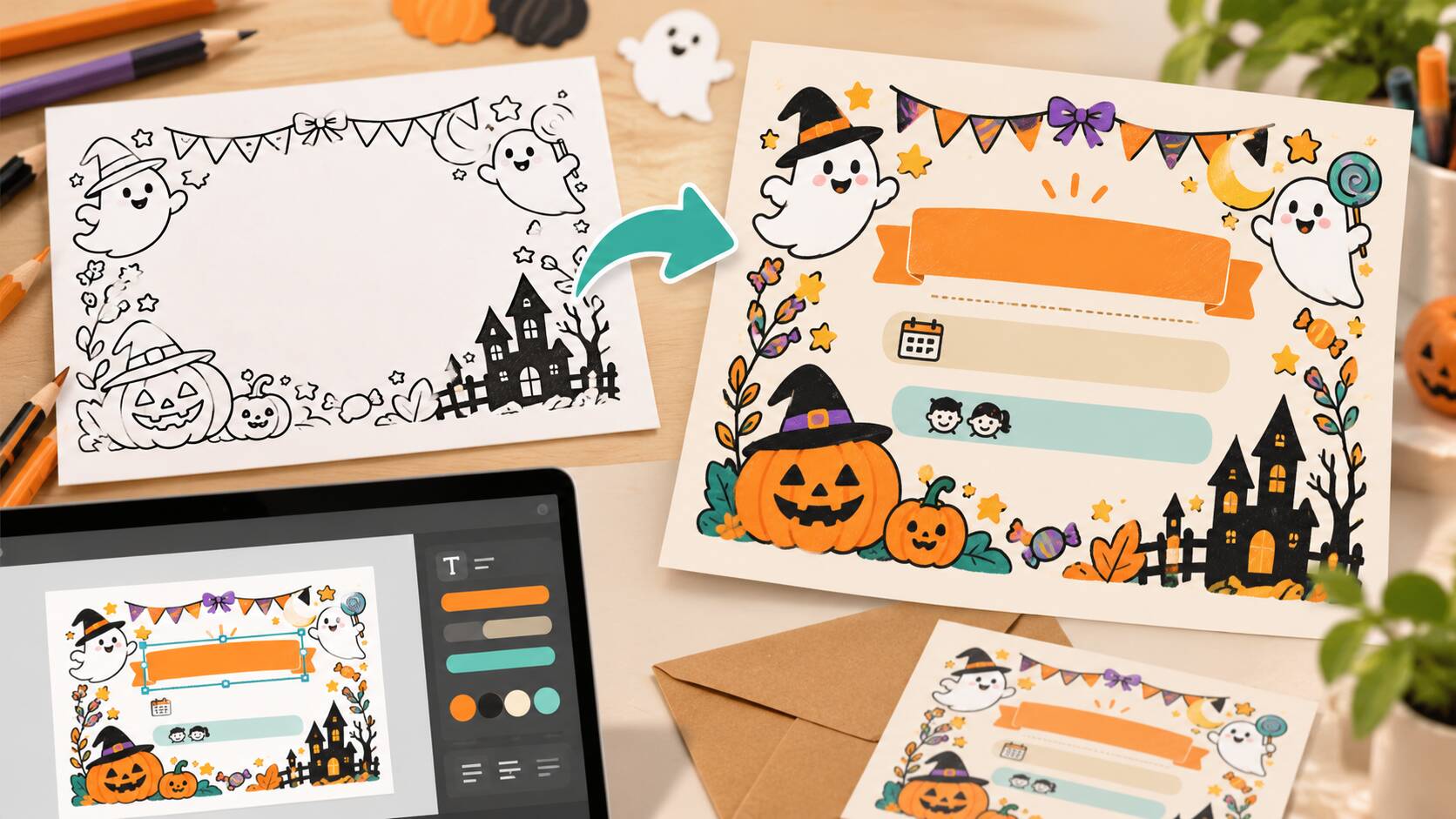 ハロウィン塗り絵に日本語タイトルとイベント情報を追加する例