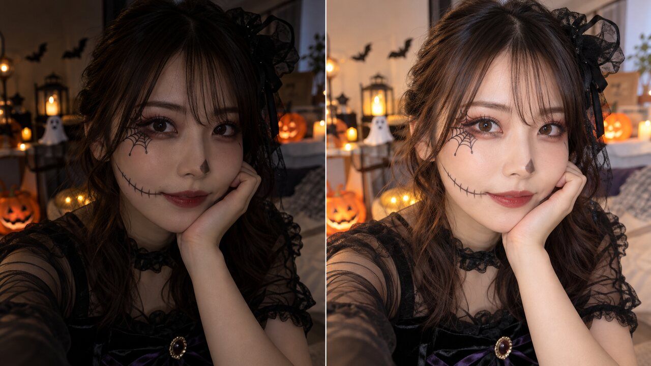 動画美肌加工でハロウィンメイク動画の肌と光を調整
