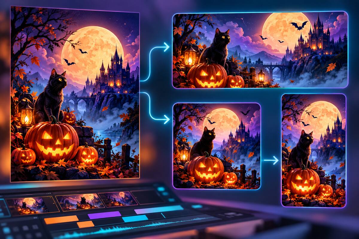 Filmoraのオートリフレームでハロウィンポスターを複数比率へ展開