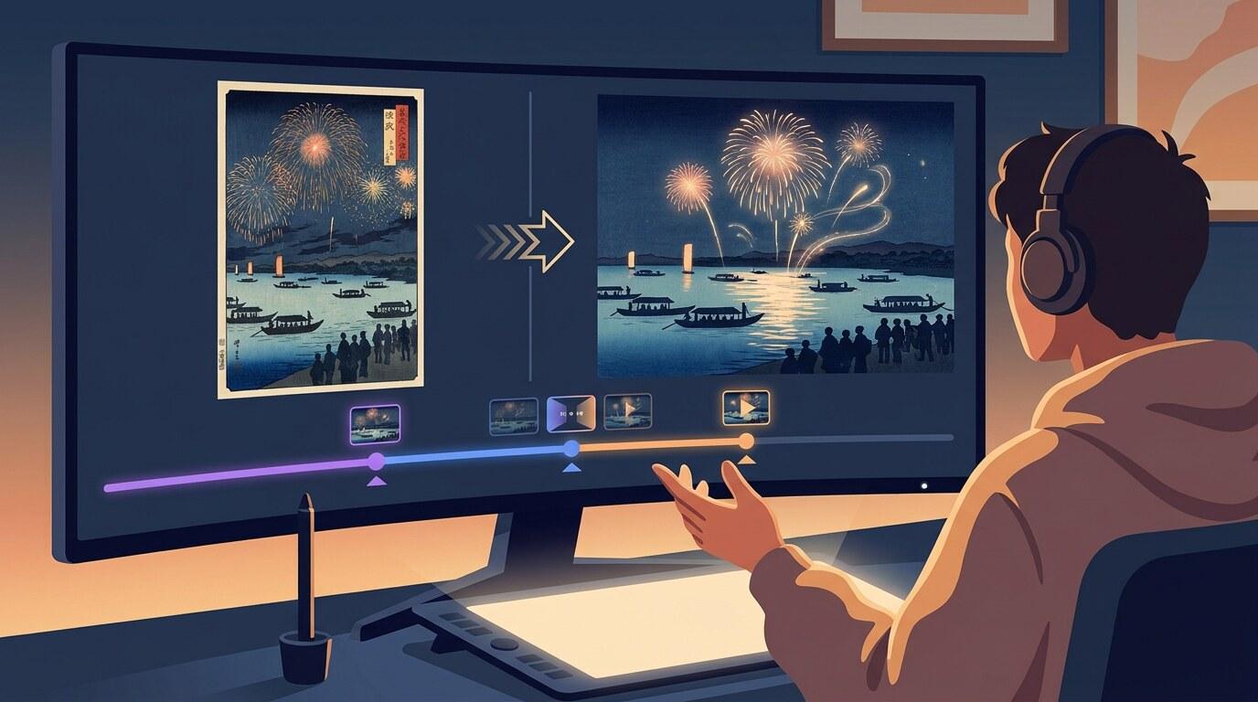 FilmoraのAI画像から動画生成で花火大会イラストを動画化