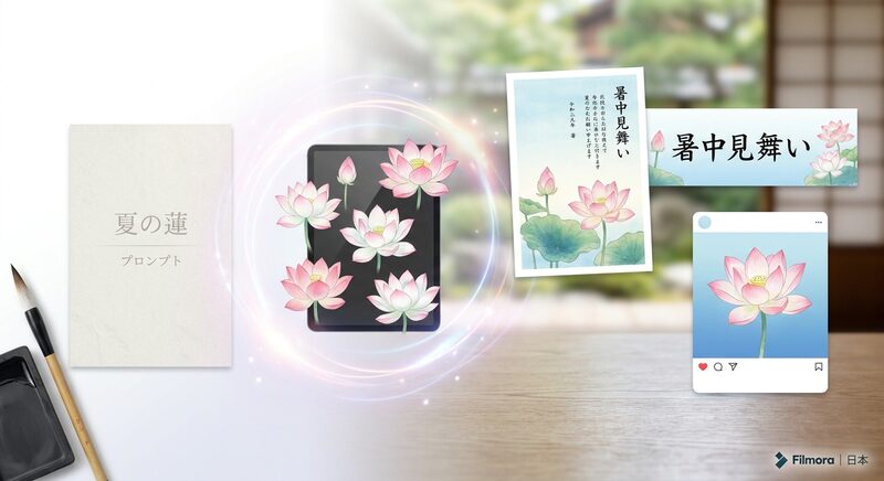 FilmoraでGPT Image 2を使って蓮の花イラスト素材を作るイメージ