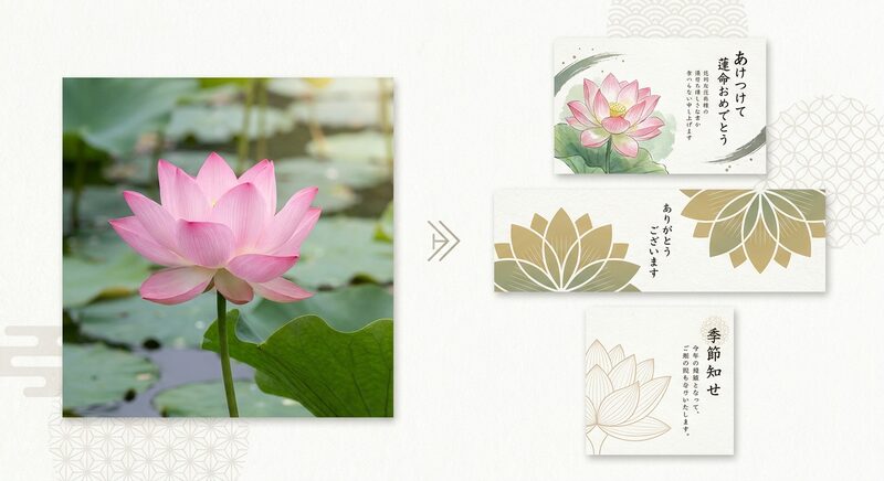 FilmoraでAI画像からプロンプト生成を使って蓮の花イラストの方向性を整理するイメージ