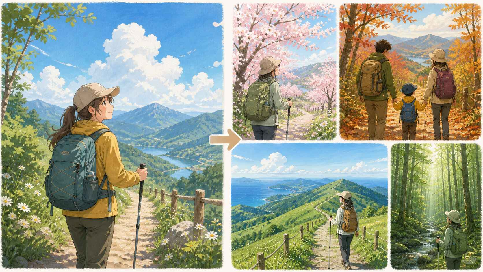 FilmoraのAI画像からプロンプト生成でハイキングイラストの派生案を整理するイメージ
