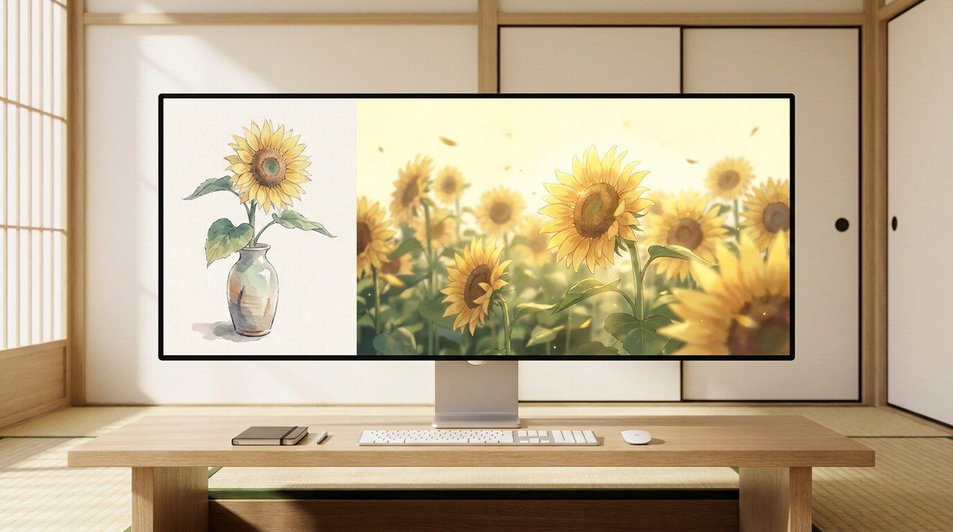 FilmoraのAI画像から動画生成でひまわり イラストを活用するイメージ