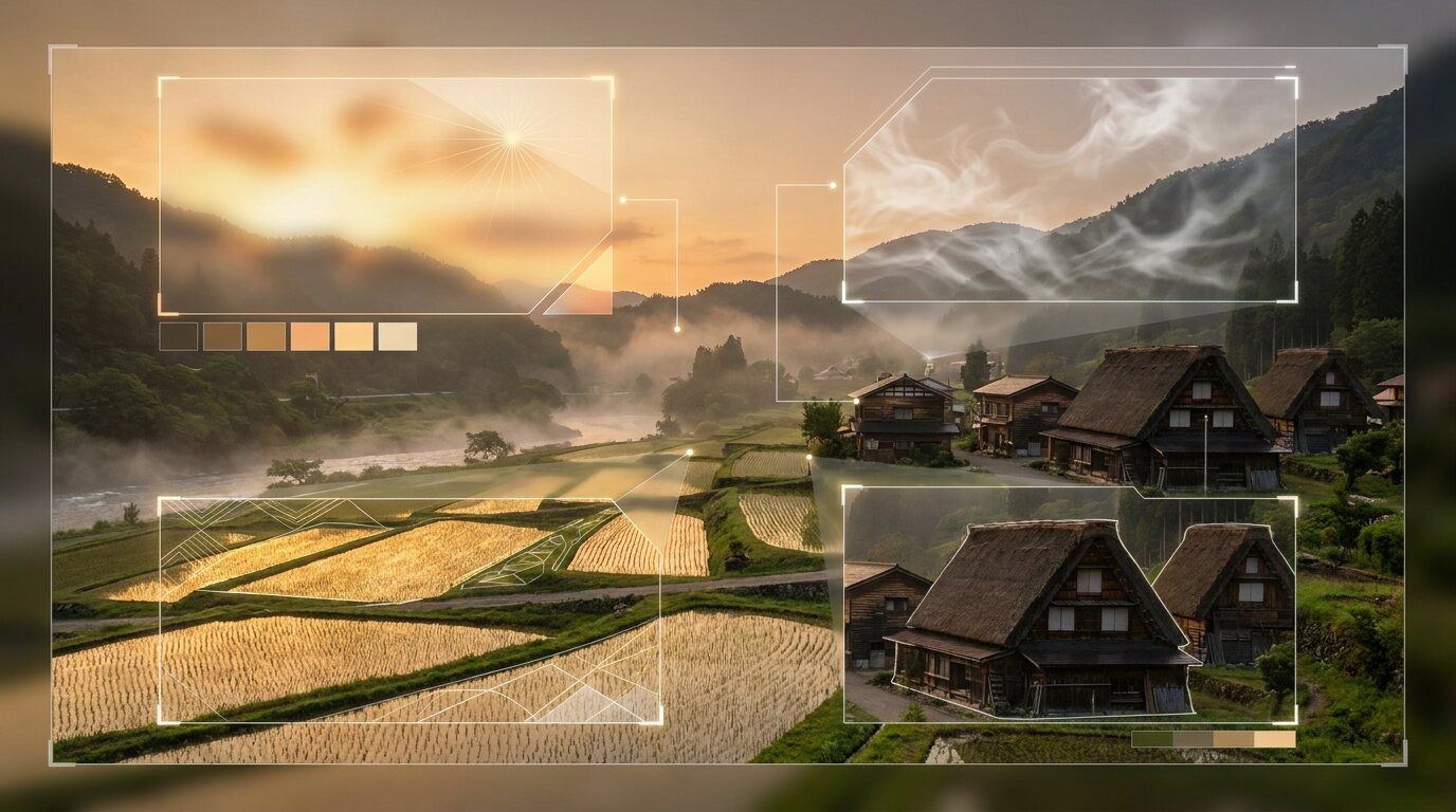 FilmoraのAI画像からプロンプト生成で田舎風景イラストの雰囲気を再現するイメージ