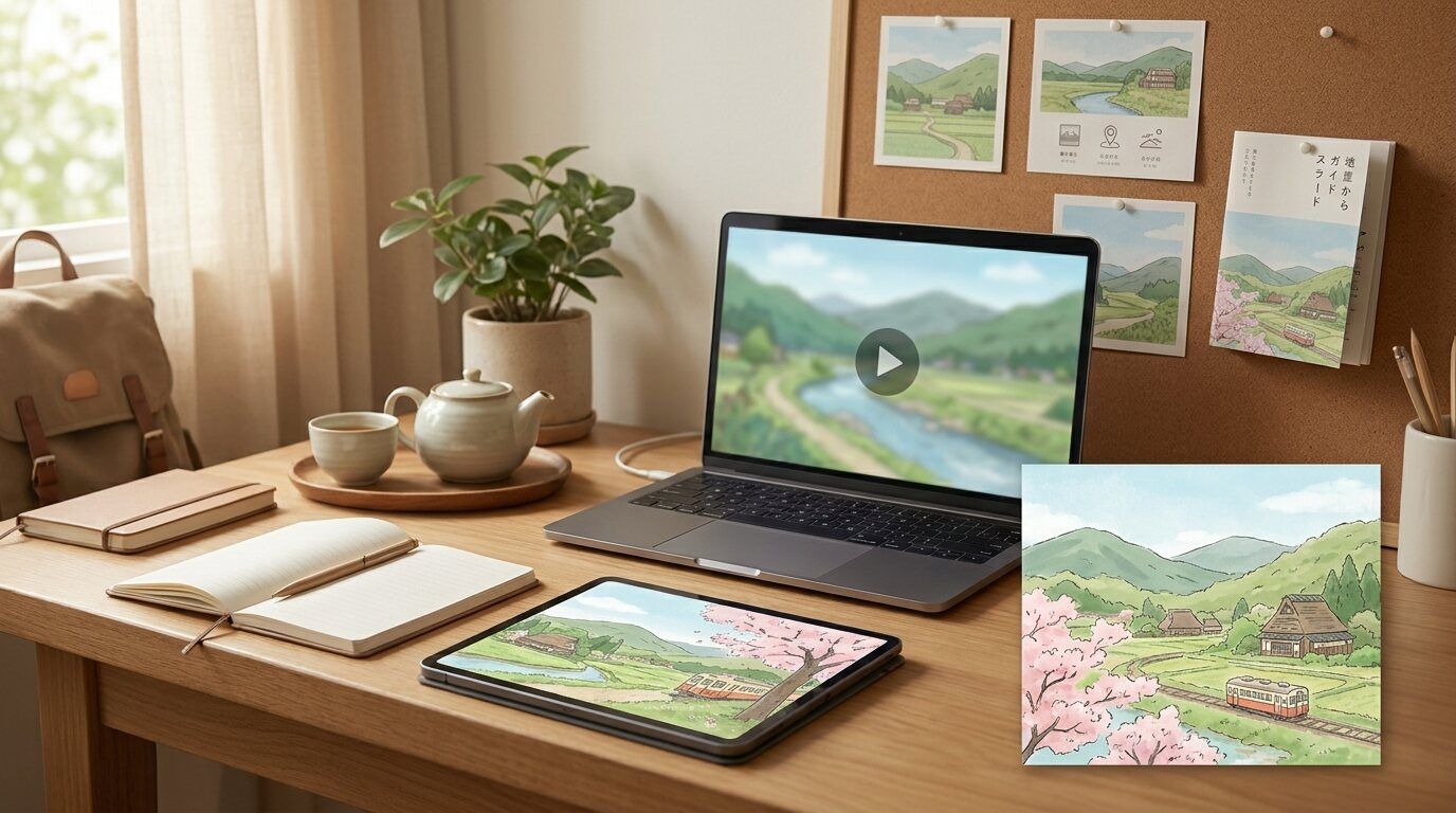 Filmoraで田舎風景イラストを旅動画に活用するイメージ