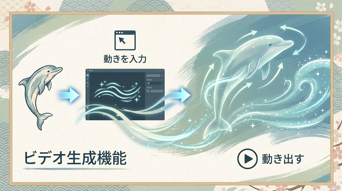FilmoraのAI画像から動画生成でイルカイラストを動画化