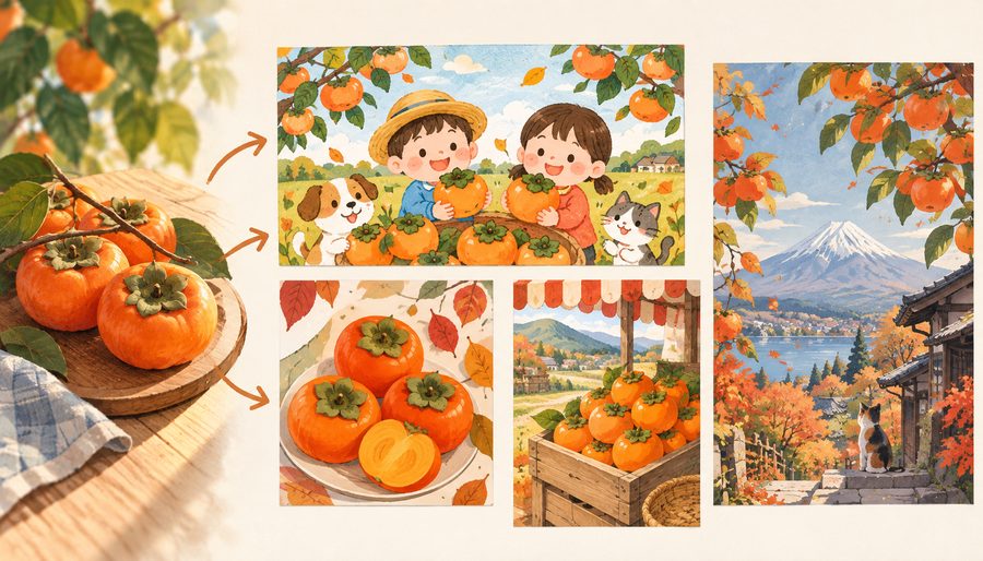 ① AI画像生成で柿イラスト素材を用途別に作る