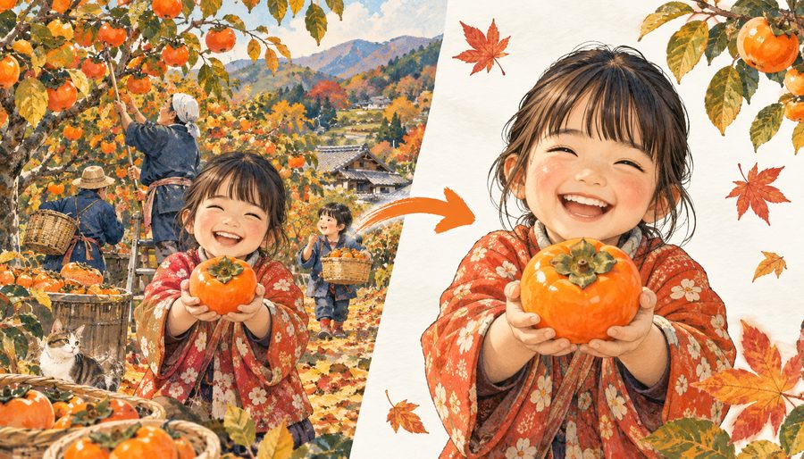 ② 柿イラストの主役を切り抜いてレイアウトを整える