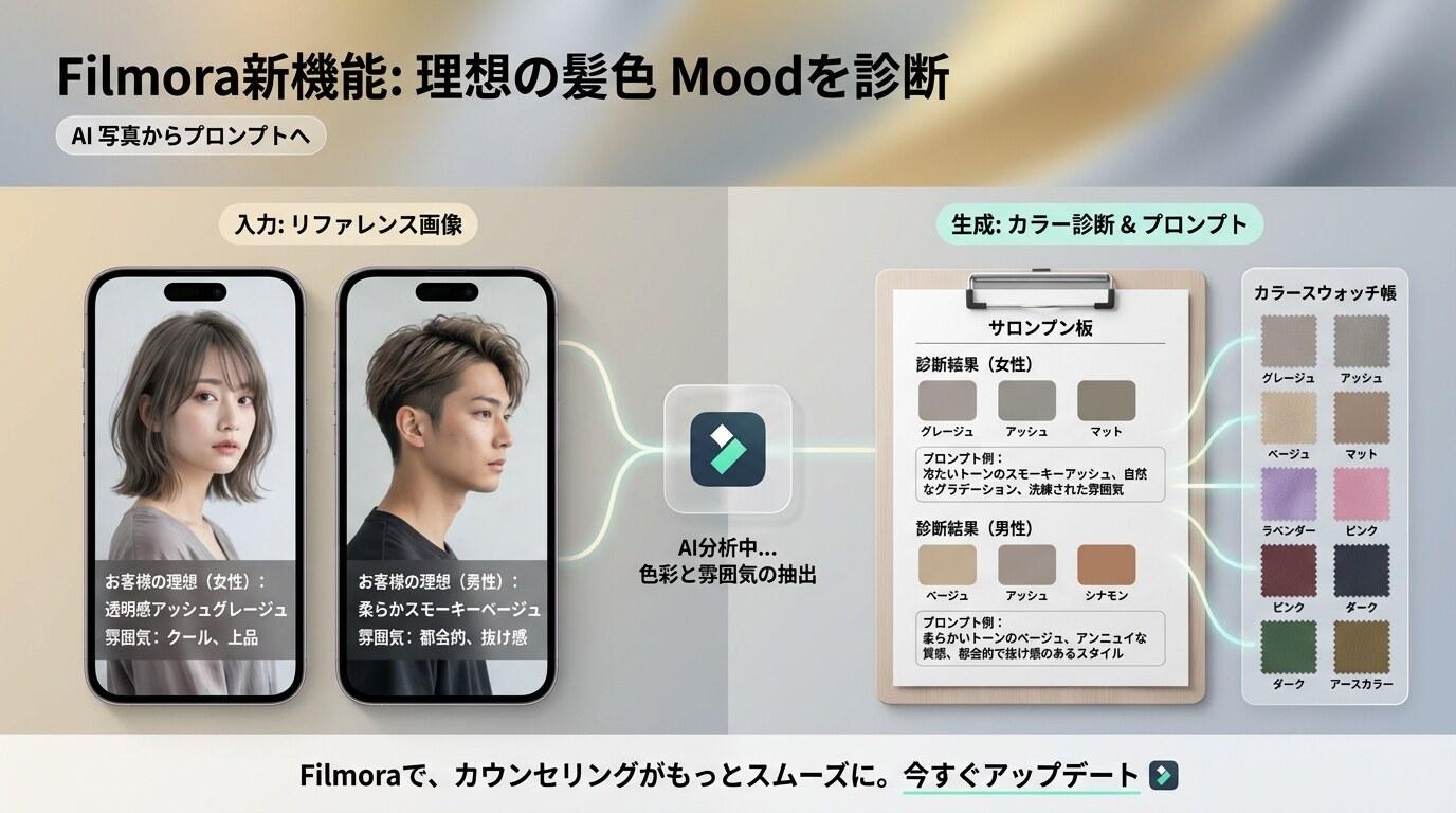 FilmoraのAI画像からプロンプト生成で髪色診断の参考画像を整理