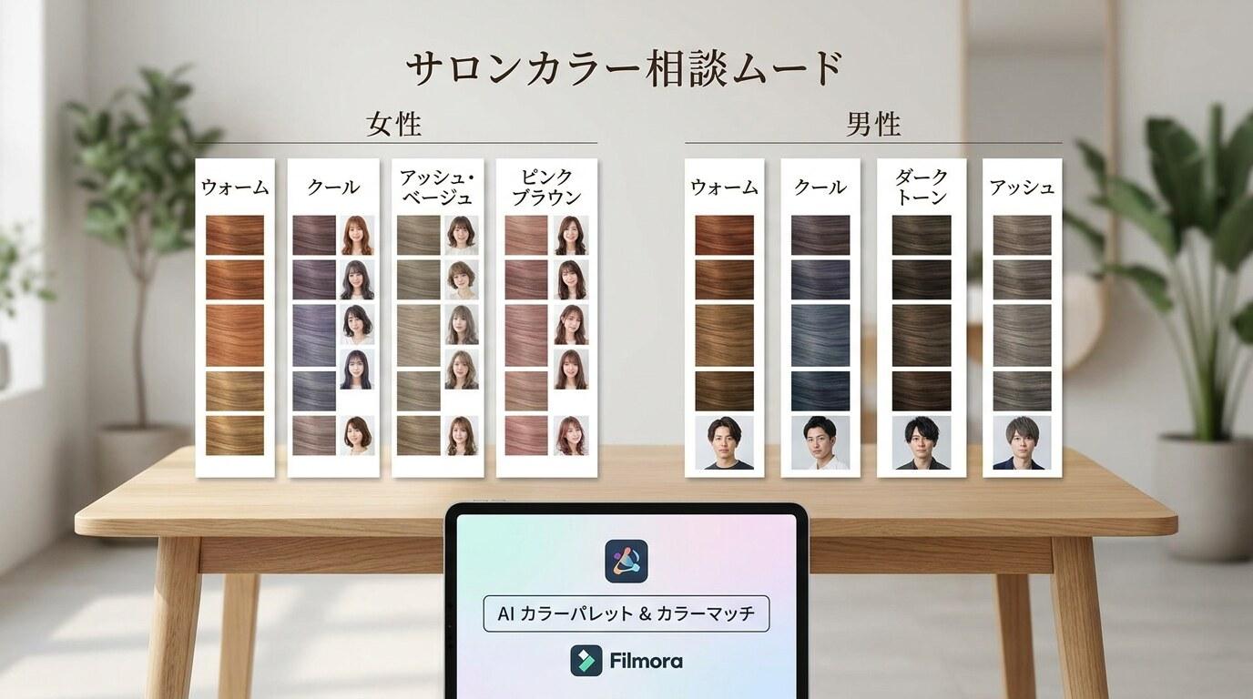 FilmoraのAI カラーパレットで髪色診断の候補色を整理