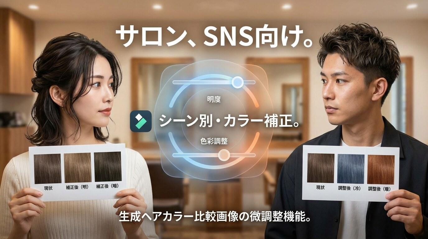 Filmoraの色調補正で髪色診断画像の色味を自然に整える