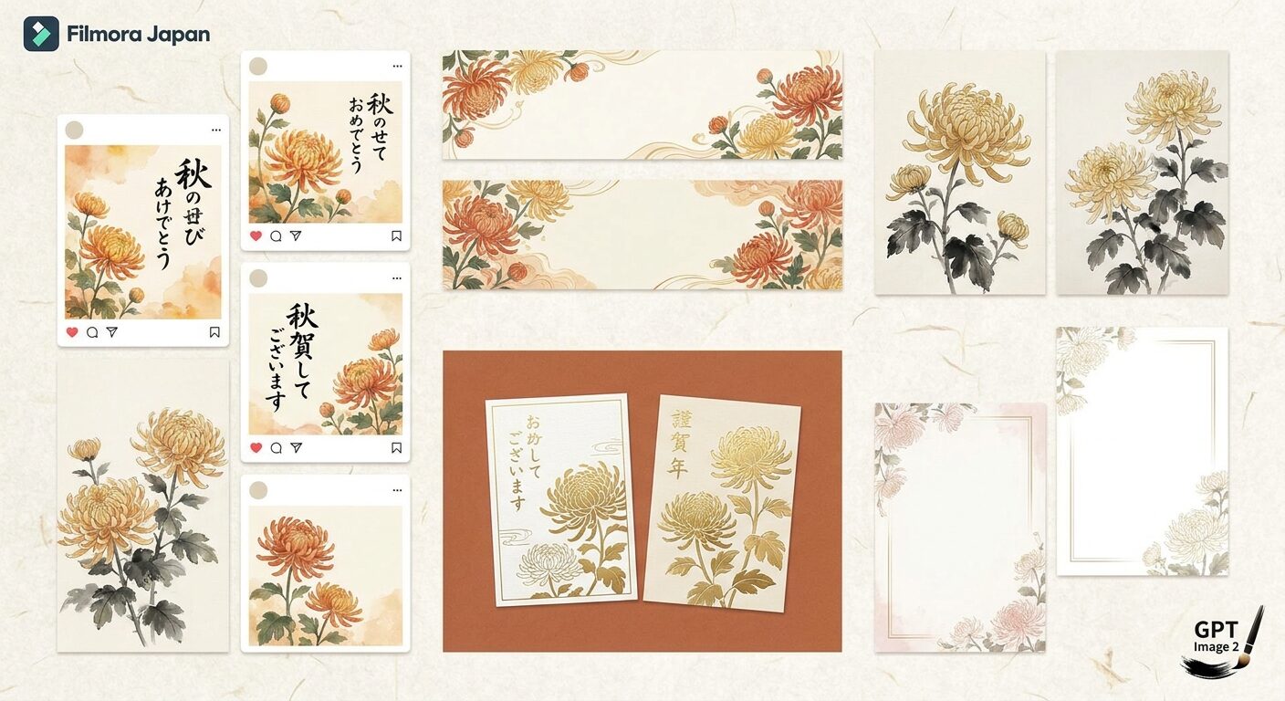 FilmoraでAI画像生成を使って菊の花イラスト素材を作るイメージ