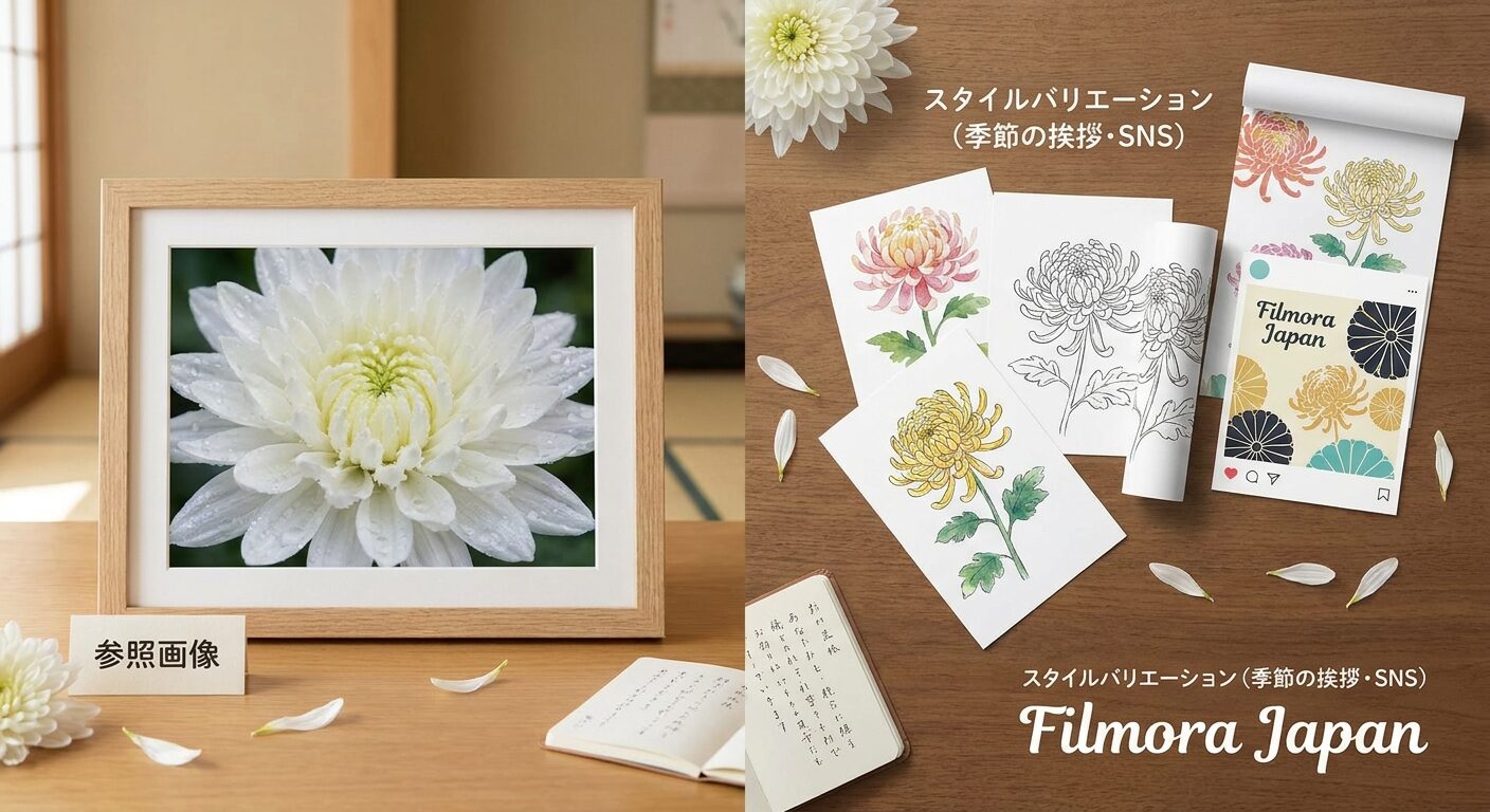 FilmoraでAI画像からプロンプト生成を使って菊の花イラストの方向性を整理するイメージ