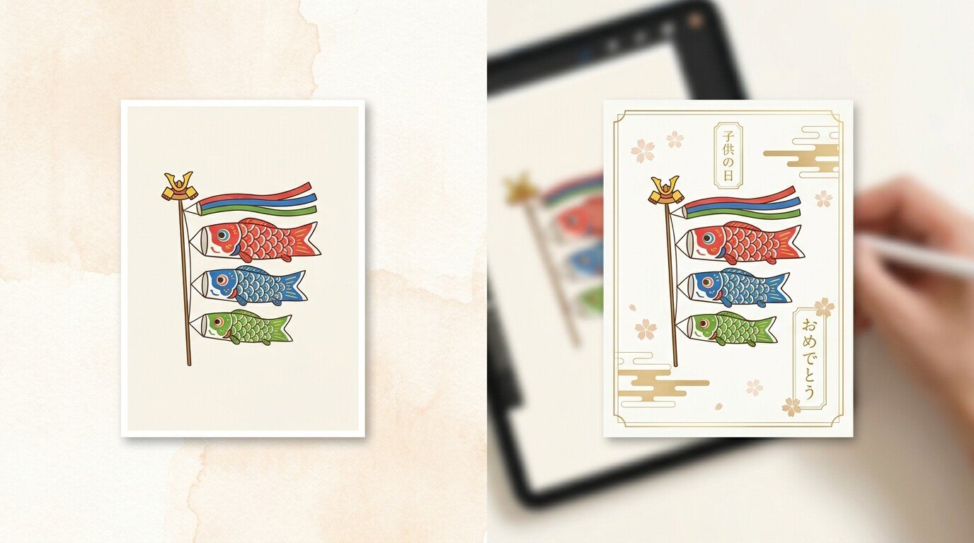 Filmoraでこいのぼりイラストにタイトルや見出しを入れて仕上げる