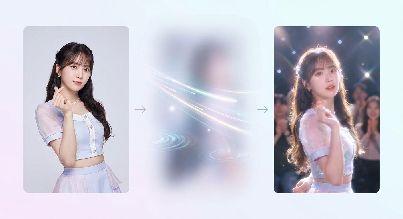 FilmoraのAI画像から動画生成で韓国アイドル風画像を動画化するイメージ