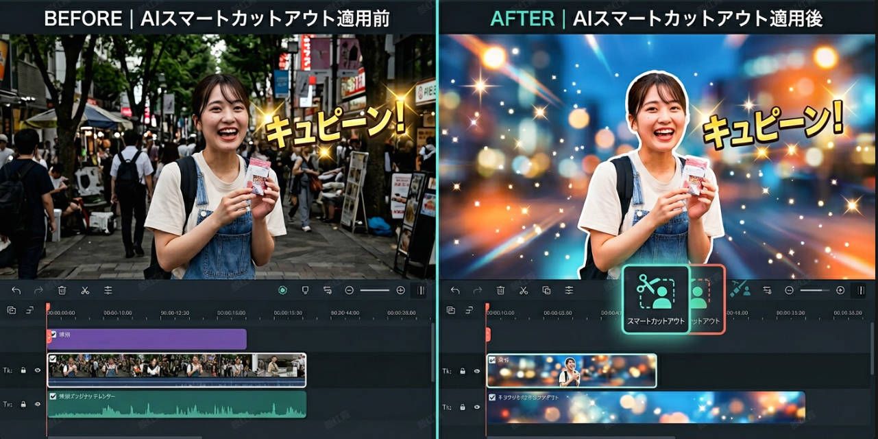 FilmoraのAIスマートカットアウトで主役を目立たせる