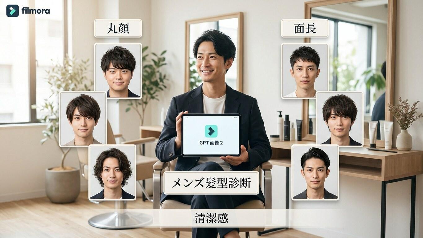 FilmoraのGPT Image 2でメンズ向け似合う髪型診断画像を作成