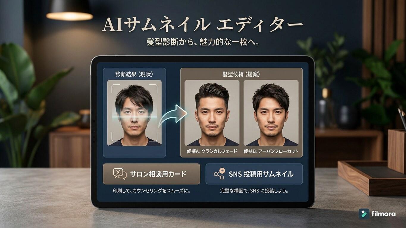 FilmoraのAIサムネイルエディターでメンズ髪型候補をカード化