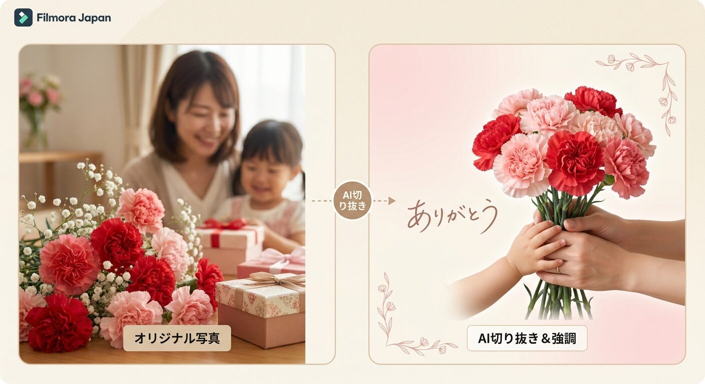 FilmoraのAIスマートカットアウトで母の日モチーフを見やすく整える