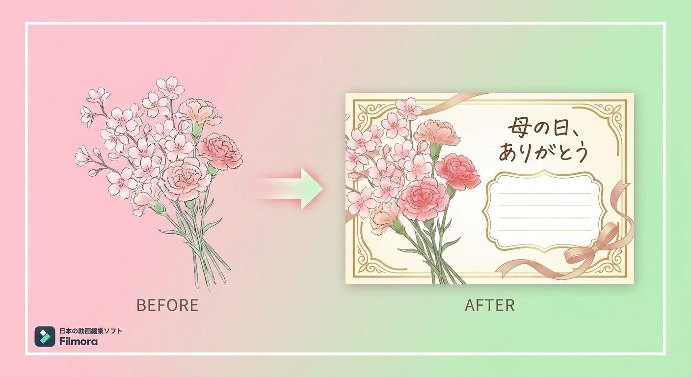 Filmoraで母の日イラストにありがとうメッセージやタイトルを入れて仕上げる