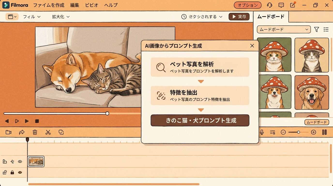 AI画像からプロンプト生成できのこ猫と犬のイラストを作成