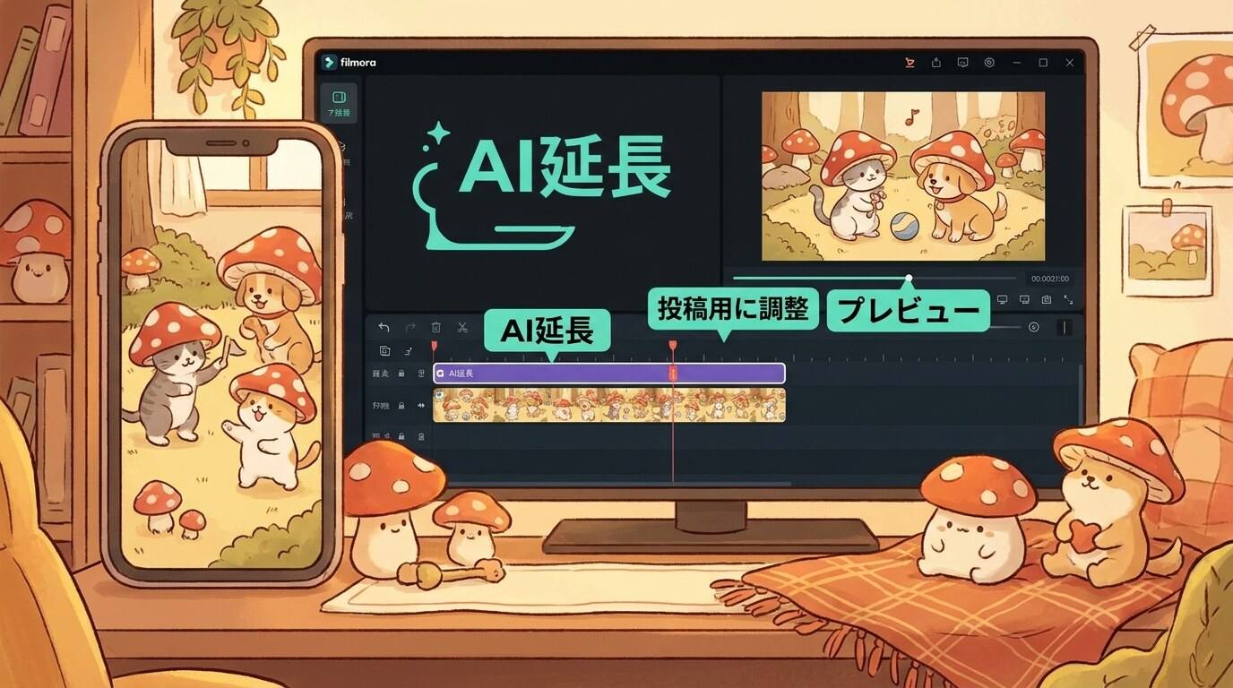 AI 延長できのこ猫と犬を投稿素材にする