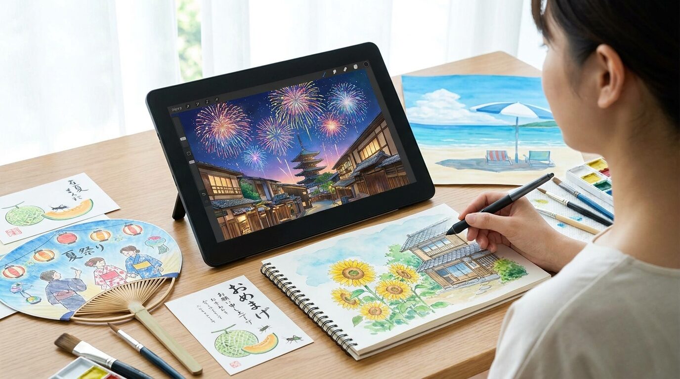 FilmoraでGPT Image 2を使って夏イラスト素材を作るイメージ