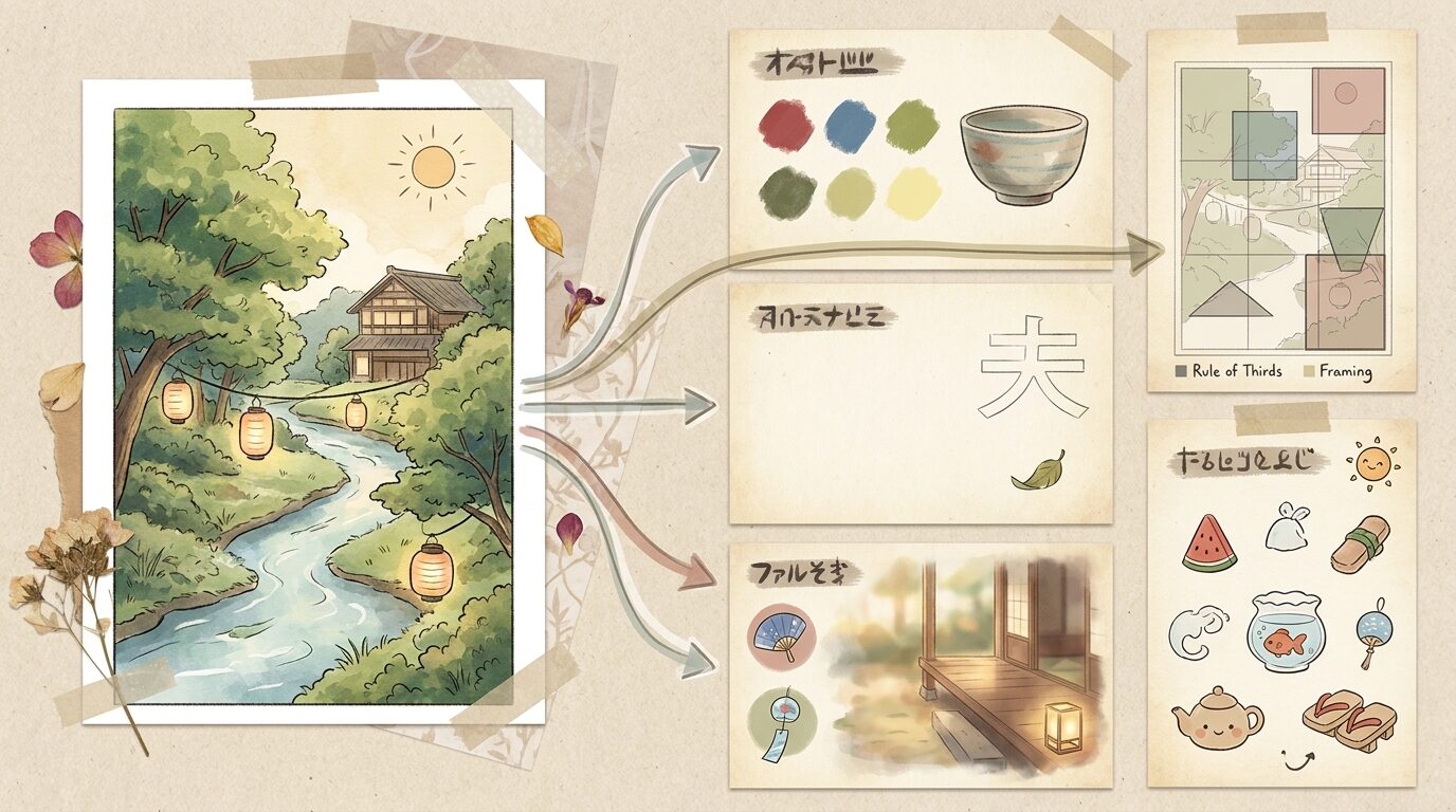 FilmoraでAI画像からプロンプト生成を使って夏イラストの方向性を整理するイメージ