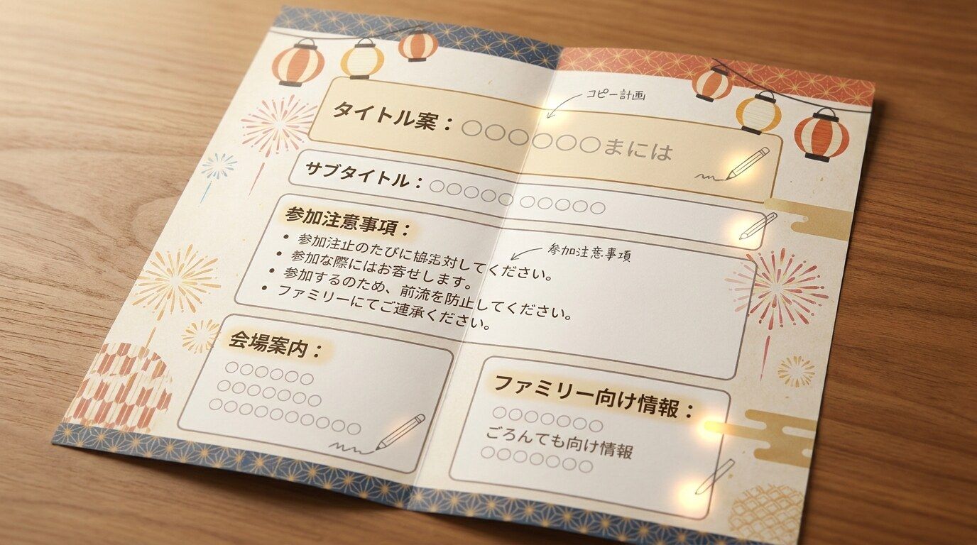 FilmoraでAIコピーライティングを使って夏祭りチラシを作るイメージ
