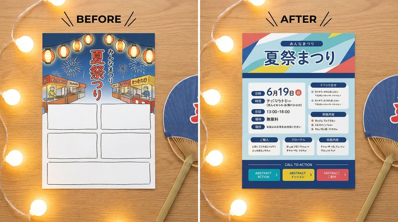 Filmoraでタイトル編集とデザイン文字を使って夏祭りチラシを作るイメージ