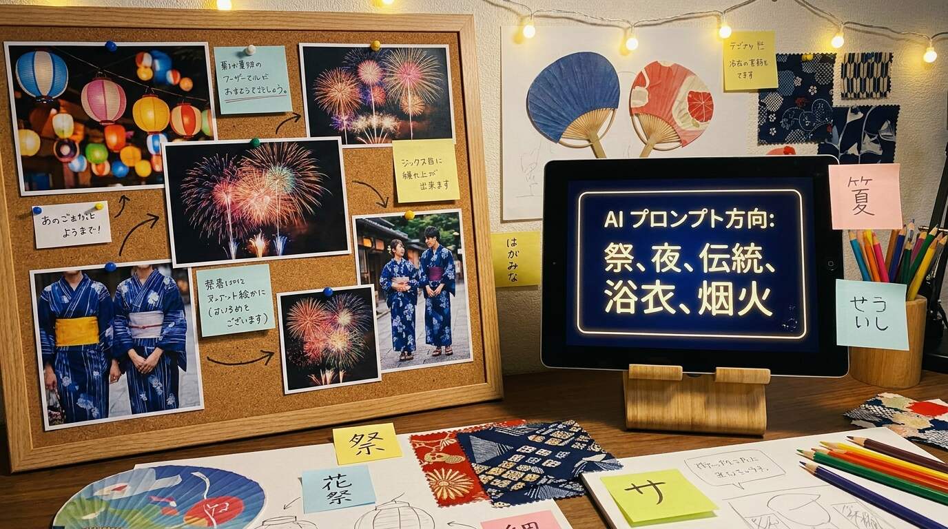 FilmoraでAI画像からプロンプト生成を使って夏祭りポスター素材を作るイメージ