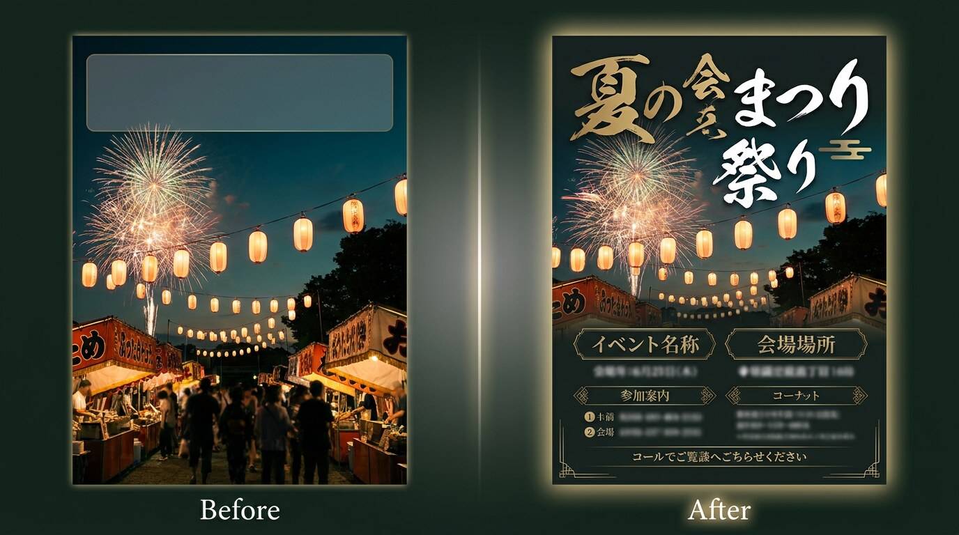 Filmoraでタイトル編集とデザイン文字を使って夏祭りポスターに告知情報を入れるイメージ