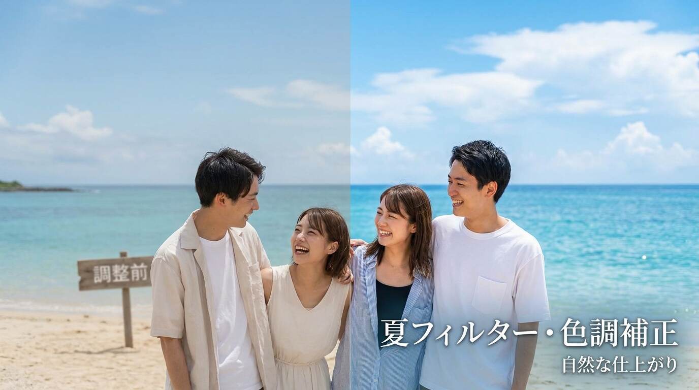 夏写真や夏動画の色味を整えやすい色調補正