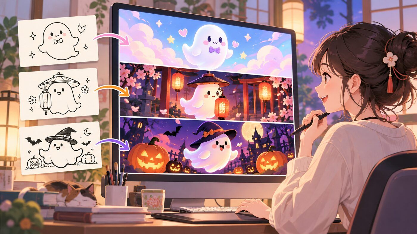 FilmoraのGPT Image 2でおばけイラストを活用するイメージ