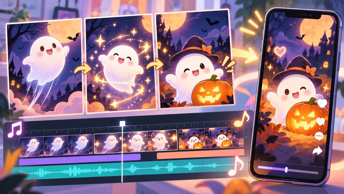 FilmoraのAI画像から動画生成でおばけイラストを活用するイメージ