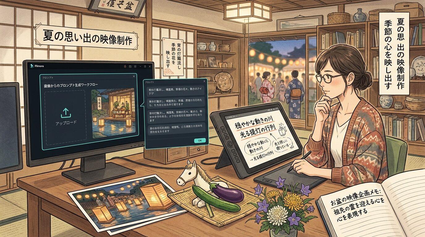 FilmoraのAI画像からプロンプト生成で参考画像からお盆動画用の指示を作る