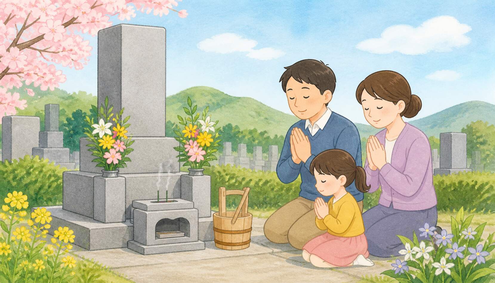 Filmoraでテキスト挿入を使ってお墓参りイラストを案内カードへ仕上げるイメージ