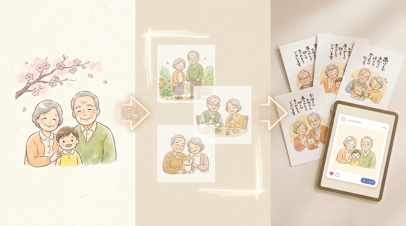 FilmoraでGPT Image 2を使っておじいちゃんおばあちゃんイラスト素材を作るイメージ